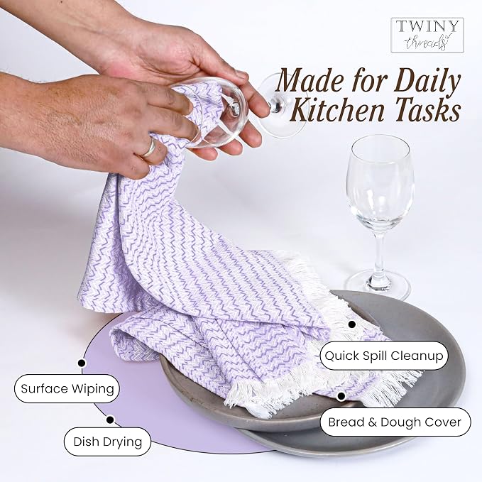 TWINY threads Kitchen Towel Chevron Pattern, Premium Large Kitchen Linen Set, 100% Cotton Wash Rags, Absorbent Quick Drying Cloths, Washable Reusable Multi Purpose, Set of 12, 16x26 Inches, Lavender