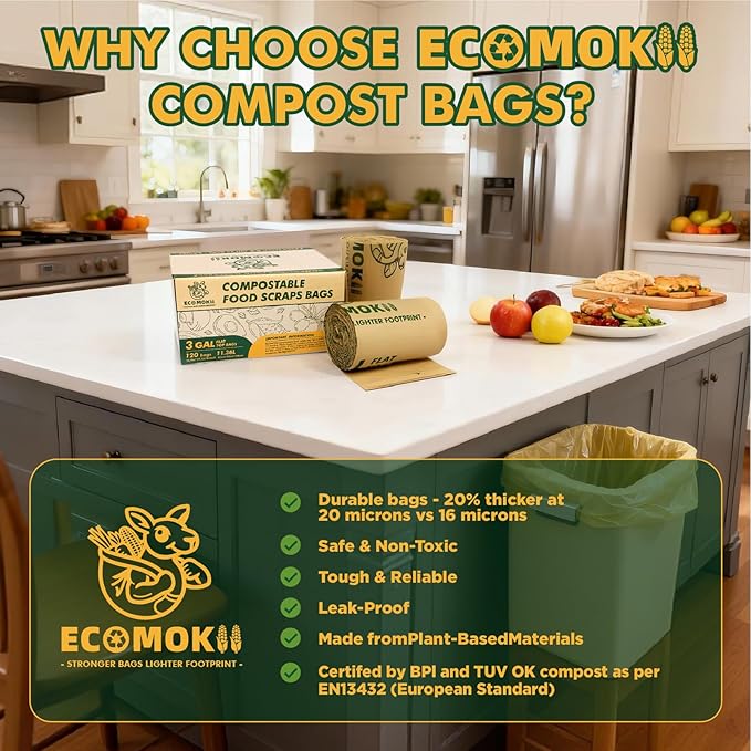 EcoMokii Compostable Trash Bags 3 Gallon, 120 Count, Extra Thick 0.8 Mil Small Compost Bags for Kitchen Countertop Bin, Unscent Food Scrap Bag Certified by BPI & OK Compost Home