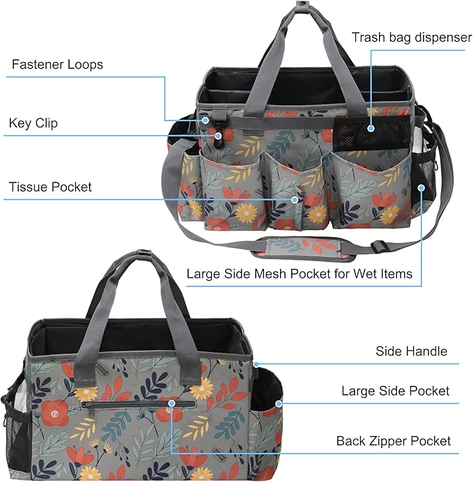 Wearable Cleaning Caddy Bag, Kitchen Supplies Organizer with Handle&Shoulder Strap, Under Sink&Car Cleaning Tool Tote with 4 Foldable Dividers for Housekeepers Cleaners (Grey Floral)