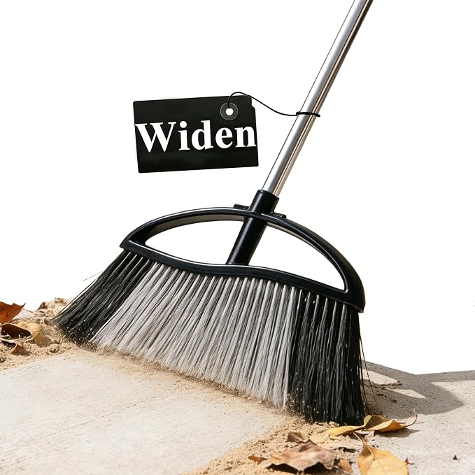 Heavy Duty Outdoor Broom - 15.7" Wide Broom with Long Adjustable Handle & Stiff Bristles for Patio, Garage, Yard, Garden (Black)
