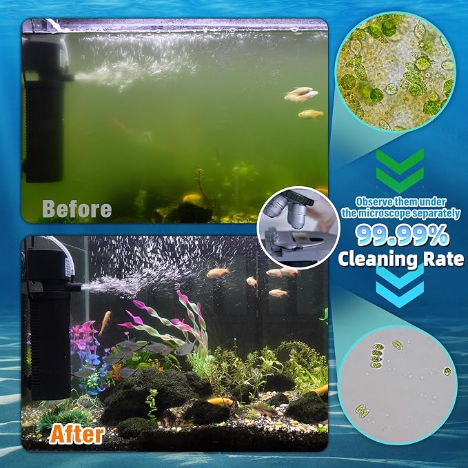 TARARIUM 10-45 Gal U-V Aquarium Filter for Fish Turtle Tank, Dual Outlets | Bio Sponge+U-V, Clear Green Water, Quiet Internal Filter, Aeration, Deodorizing, Top LED Light, Saltwater Freshwater, 132GPH