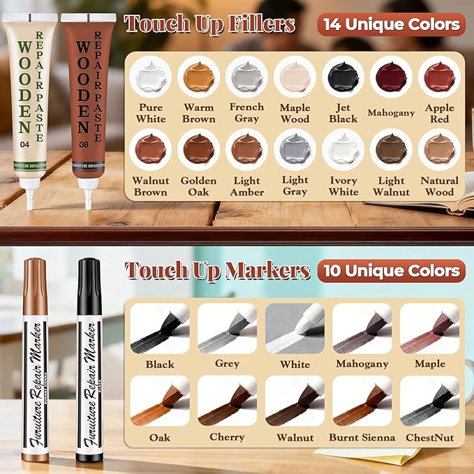 JTIEO Set of 33 - Wood Furniture Repair Kit,Touch Up Markers, Wood Fillers & Putty - Repair Scratch, Cracks, Hole, Discoloration for Wooden Door, Floor, Table, Cabinet