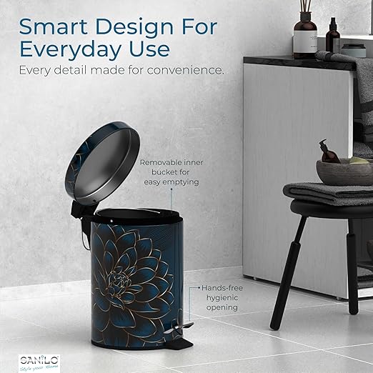 Sanilo Small Bathroom Trash Can with Lid [1.3 Gallon] - Lidded Tiny Trashcan for Garbage - Mini Metal Bin with Soft Closing Mechanism - Bath Room Accessoire Wastebin with Inner Bucket (Dahlia)