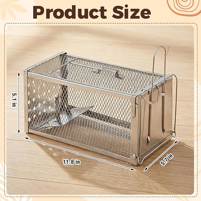 2 Pack Humane Rat Trap Cage, Live Chipmunk Rodent Cage Indoor Outdoor, Reusable Metal Mouse Trap for Rats, Mice, Squirrels