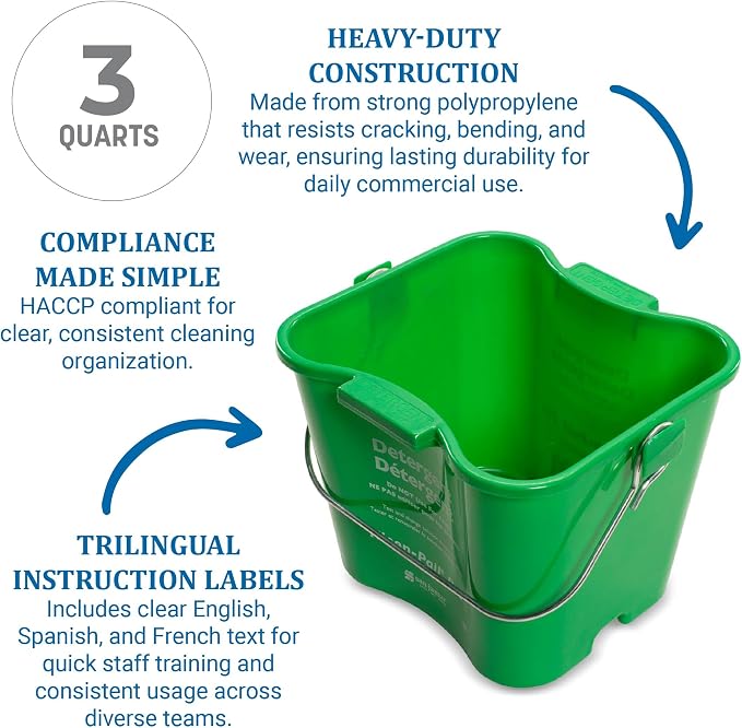 San Jamar Kleen-Pail Pro Detergent Pail, Cleaning Bucket with Bail Handle, Plastic, 3 Quarts, Green, (Pack of 12)
