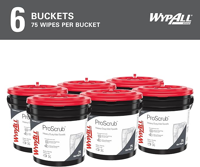 WypAll PowerClean ProScrub Heavy Duty Wet Towels (91371), Dual Action Cleaning, Large 9.5" x 12" Wipes, Bucket Included (6 Containers of 75 Sheets, 450 Sheet Total)