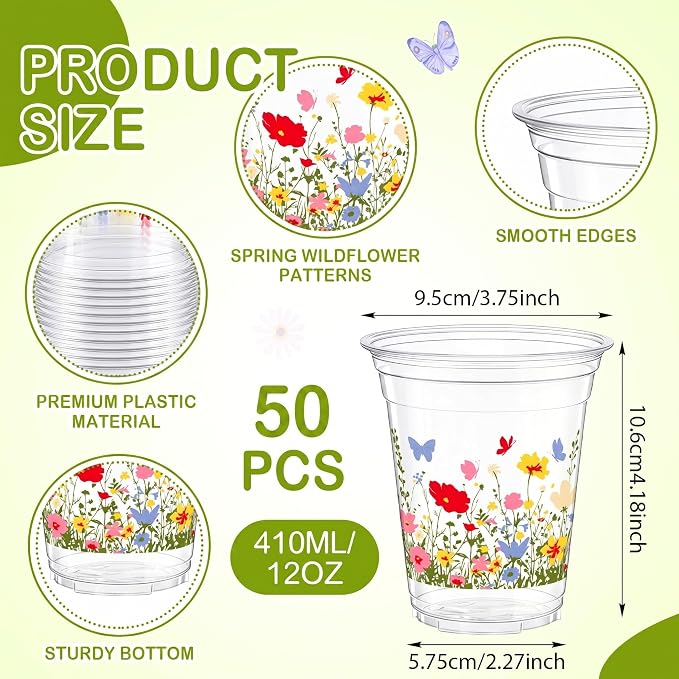 Qinyoung 50 Pcs Plastic Cups 12oz Disposable Cups Bulk Drinking Cup for Cold Drinks Baby Shower Wedding Birthday Valentine's Day Party Supplies (Wildflower)