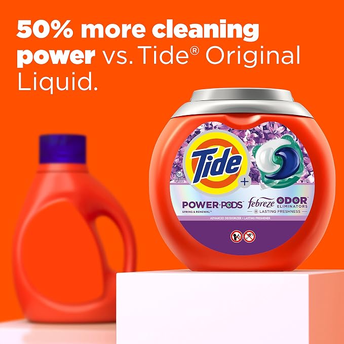 Tide Power Pods with Febreze Laundry Detergent Pacs, 45 Count, Spring & Renewal Scent, All-Day Freshness