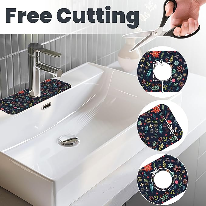 Set of 3 Colorful Flowers and Leaves Dish Drying Mat & Kitchen Sink Splash Guard Faucet Mat For Kitchen Counter Absorbent Microfiber Dishes Pad Dish Drainer Rack Mats Fast Dry Kitchen Accessories