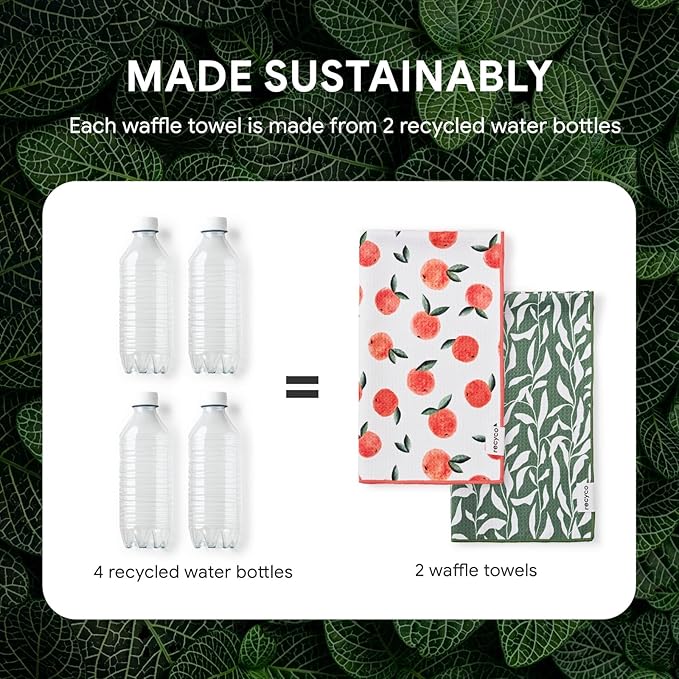RECYCO Swedish Dishcloths 5 Pack 8" x 7" & Waffle Kitchen Towel Set of 2 16" x 28", Peachy Leaves,
