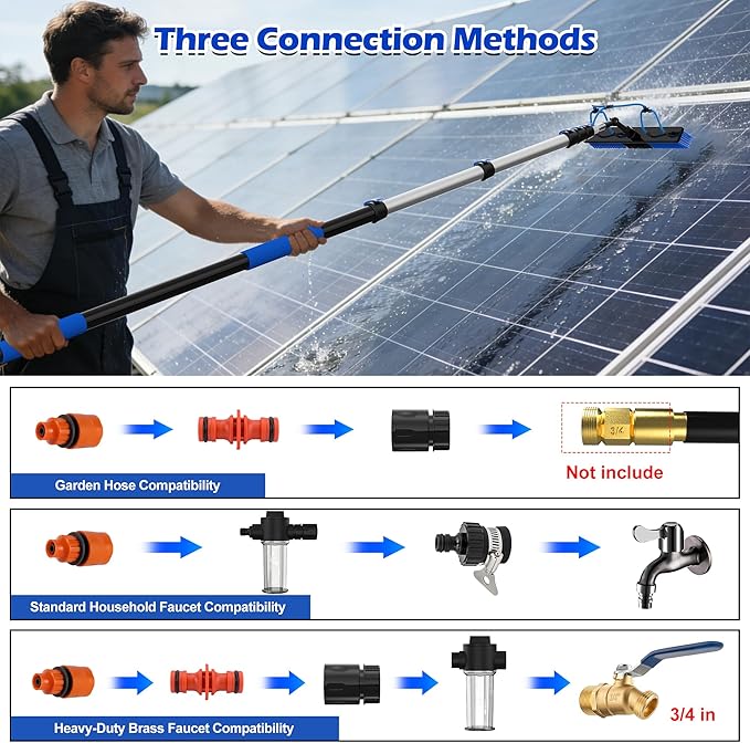 30 FT Reach Solar Panel Cleaning Brush Kit with 5-24 FT Telescopic Extension Pole, Water Fed Pole with Dual Action Flip-Lock & Screw Fixing Design, Ideal for Snow Removal, Windows, Boats, RVs