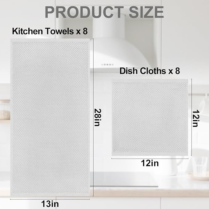 Homaxy 100% Cotton Kitchen Towels and Dishcloths Set, 12 x 12 Inches and 13 x 28 Inches, Set of 16 Bulk Kitchen Towels Set, Ultra Soft Absorbent Dish Cloths for Washing Dishes, Light Gray