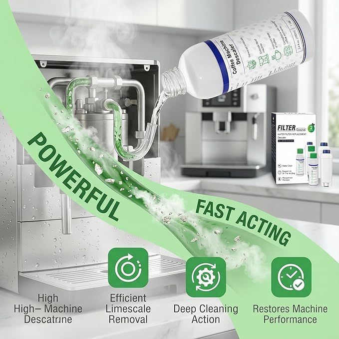 Descaling Kit Compatible with Delonghi Coffee Machines: 2 Full Maintenance Cycles | 2 Compatible with De'Longhi water Filters + 2x100ml Descaling Solution Replace Every 3 Months （6-Month）