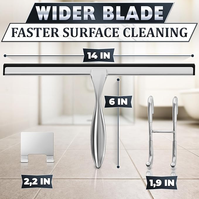 Shower Door Squeegee with Hook - 14" Silicone Blade, Stainless Steel Squeegee for Shower Glass with Adhesive Mount - All-Purpose Bathroom Tile, Mirror, & Window Wiper for Streak-Free Cleaning (Silver)