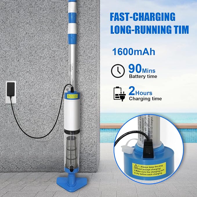 Handheld Pool Vacuum with Telescopic Pole, 3 in 1 Cordless Rechargeable Pool Vacuum, Over 100 Mins Running Time, Deep Cleaning for Above & In-ground Pools, Hot Tubs, Spas