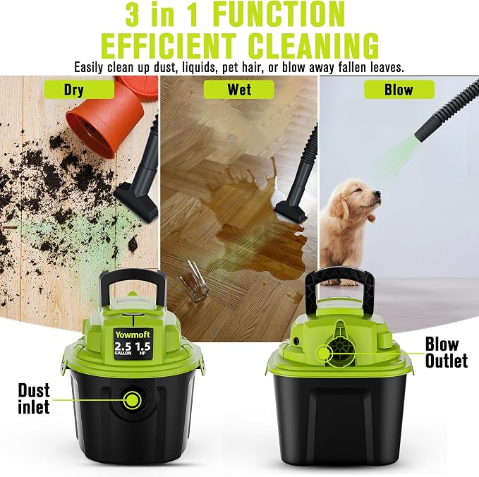YWDV25B 2.5 Gallon Small Shop Vac 1.5 Peak HP Mini Wet Dry Vac with Blowing Function, 15Ft of Cleaning Reach, 3 in 1 Portable Compact Shop Vacuum for Hose and Attachments for Home Floor/Car/Garage