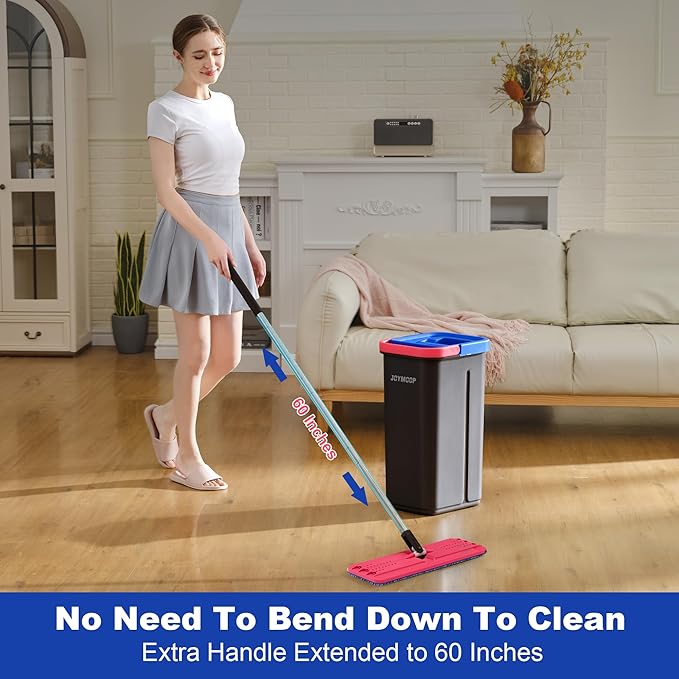 JOYMOOP Microfiber Flat Mop and Bucket System, Floor & Wall Cleaning, Wet Dry Mop for Home & Commercial Use, 60" Long Handle, Includes 5 Washable Pads