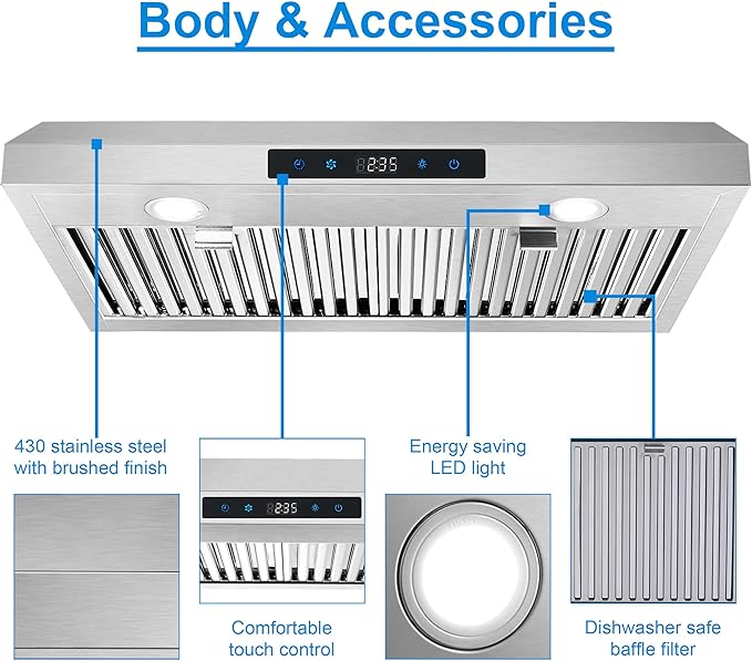 SNDOAS Range Hood 30 Inch Under Cabinet,Ductless Range Hoods with Touch Control,3-Venting Kitchen hood,Stainless Steel Vent Hood,Under Cabinet Range Hood 30 inch,Hood Vents for Kitchen 3 Speeds