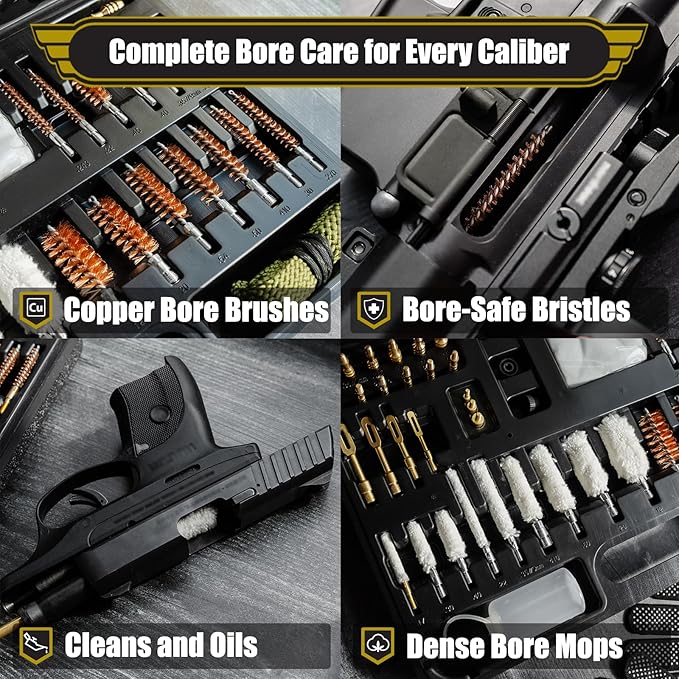 Elite Universal Gun Cleaning Kit for All Guns, Gun Brushes for Pistol Handgun Shotgun Rifle, Durable Brass Rods, 9mm Bore Rope, Oil Bottle, Brushes, Brass Jags, Carrying Case Gun Accessories for Men