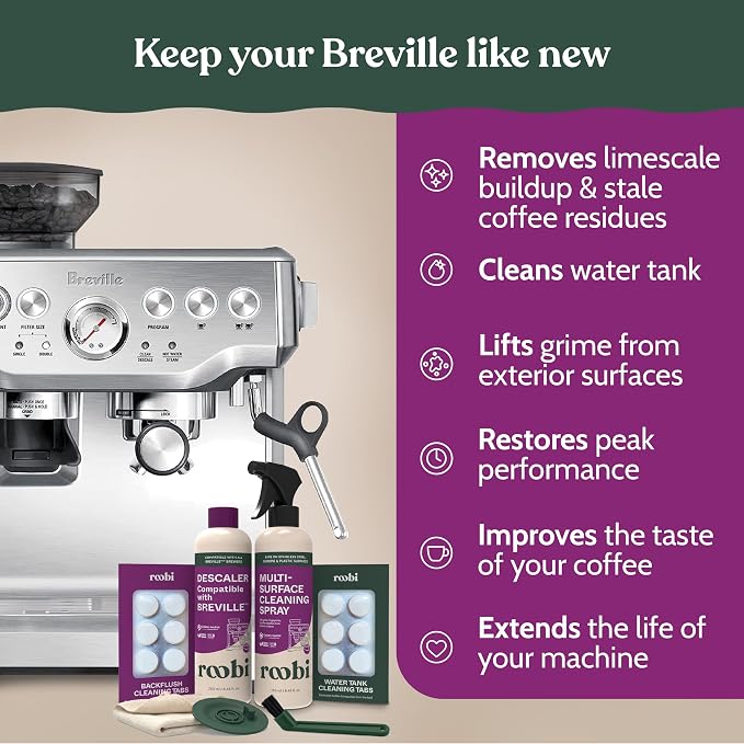Roobi Espresso Cleaning Kit Compatible with Breville. Includes Descaling Solution, Espresso Cleaning Tablets, Water Tank Tabs, Multi-Surface Cleaner, 54mm Disc, Brush & Cloth.