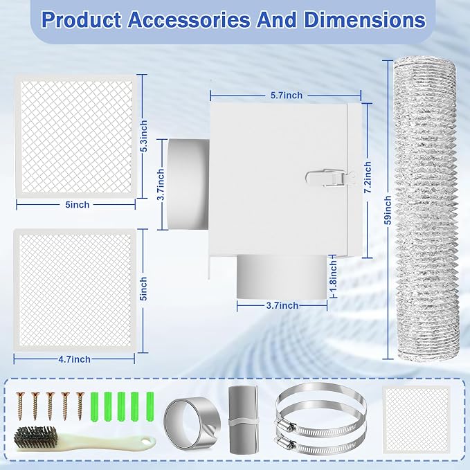 Dryer Duct Lint Trap, Metal Indoor Dryer Vent Kit- Airtight Filter Box with 4" 5FT Flexible Dryer Vent Duct Hose, Clamps & Brush for Laundry Room Exhaust Vent