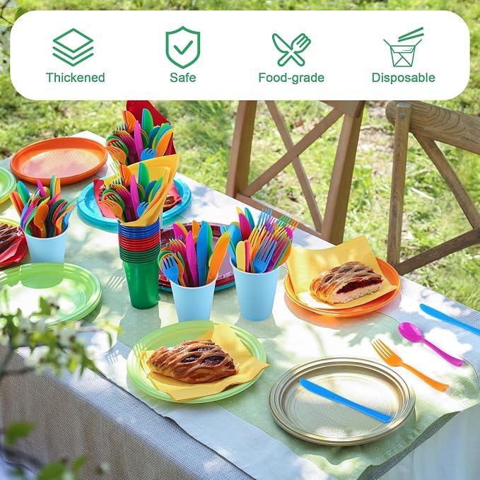 Kochorie 300 Pieces Graduation Rainbow Plastic Silverware, Disposable Colorful Utensils, Neon Plastic Silverware Cutlery Set Heavyweight Flatware Includes Spoons Forks Knives for Birthday Party Dinner