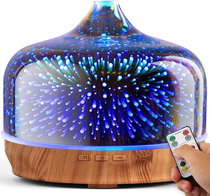 Porseme 500ml Glass Essential Oil Diffuser Aromatherapy Ultrasonic Cool Mist Humidifier 15-21 Running Hours Diffusers with Remote Control for Sleeping Yoga Working Spa(Silver