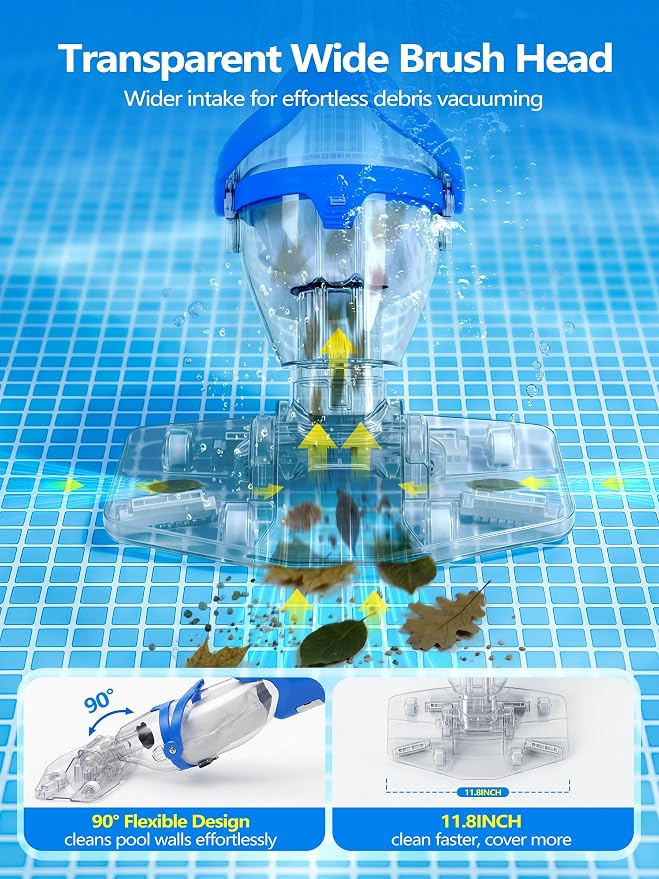 LanOcean Cordless Pool Vacuum for Inground Pool, Flow Adjustable, Transparent Brush Head–Visible Cleaning, 1140GPH Powerful Suction Handheld Pool Vacuum for Above Ground Pool, 70Mins Runtime-Blue