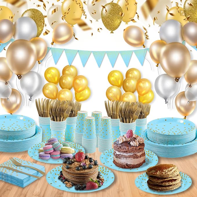 Blue and Gold Party Supplies 145PCS Golden Dot Disposable Party Dinnerware Includes Paper Plates, Napkins, Knives, Forks, Cups, Banner, for Baby Shower, Boy Birthday, Serves 24