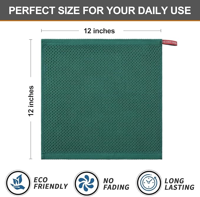 Kitinjoy 100% Cotton Kitchen Dish Cloths (12 X 12 Inches, Dark Green), 8 Pack Waffle Weave Ultra Soft Absorbent Dish Towels for Drying Dishes Quick Drying Kitchen Towels Dish Rags