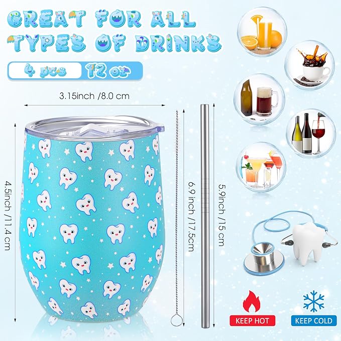 Umigy 4 Pcs Dental Assistant Gifts, Teeth Dentist Wine Tumbler, 12 oz Stainless Steel Coffee Travel Mug, Vacuum Insulated Tumbler Cup with Straw Lid and Brush Dental Hygienist CNA Week Birthday Gifts