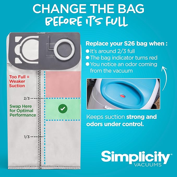 "Simplicity Vacuums Certfied HEPA Vacuum Cleaner Bags & Filter Media Set for (S26HC-6) S26 Premium Allergy Upright Vacuum, Charcoal-Infused Lining, 5-Layer Cloth Filtration, Self-Sealing, Pack of 6 "