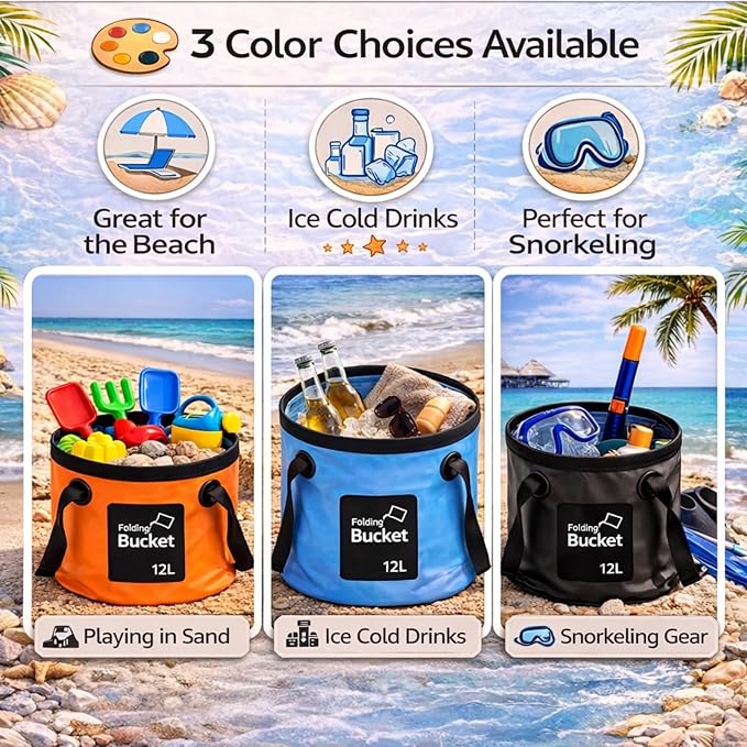 3 Gallon 3 Pack Collapsible Bucket, Foldable Water Bucket with Handles, Portable Camping Buckets for Fishing, Hiking, Cleaning, Outdoor & Travel Use (Multicolor)
