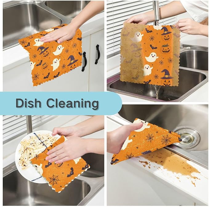 ALAZA Kitchen Towels Halloween Ghost Pumpkin Pattern Dish Towels Multipurpose Reusable Dish Cloths Soft Cleaning Cloth Kitchen Accessories Set of 6,11"x11"