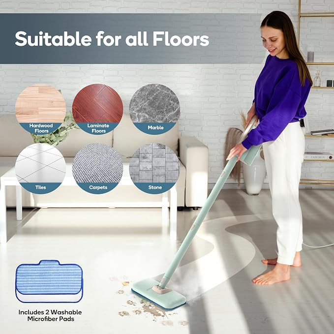 Newbealer Steam Mop & Detachable Handheld Cleaner, 1200W Floor Steamer | 3 Adjustable Levels for Carpet Laminate Hardwood Grout, Carpet Glider, 7 Multi-purpose Accessories & 2 Pads, 250ml Tank