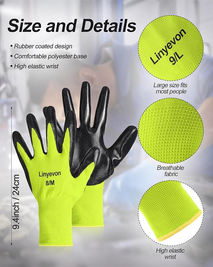 Maxcheck PU Coated Gloves Bulk, Reusable Rubber Safety Gloves for Men Women Work Warehouse, Mechanic, Woodworking