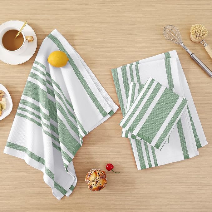 Homaxy Premium Kitchen Towels 18”x 28”, Large Cotton 380 GSM Kitchen Hand Towels, Stripe and Terry Dish Towel, Highly Absorbent Tea Towel Set with Hanging Loop, 8 Pack, Grass Green