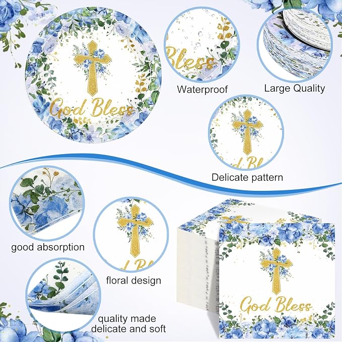 Pickmesh 250 Pcs Blue Baptism Cross Disposable Tableware Set Confirmation Baptism Disposable Paper Plates Napkins Cups for First Holy Communion Christening Baby Shower Boy Religious Supplies, Serve 50