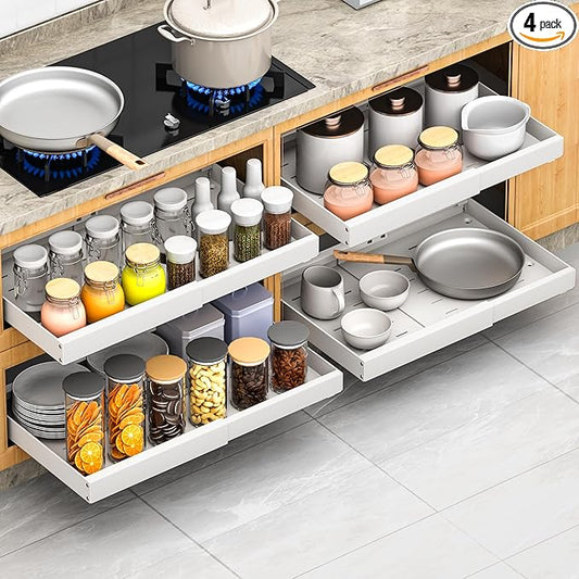4 Pack Pull Out Cabinet Organizer Expandable,Adjustable 12-21 Inch Width Slide Out Drawer Shelves,Painted Carbon Steel with Heightening Pad,No Drill,for Kitchen/Bathroom/Pantry/Under Sink/Laundry Room