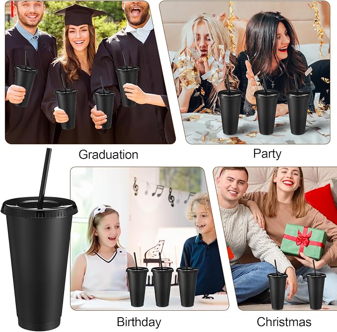Honeydak 30 Pack Tumbler with Straw and Lid Bulk Cups for Gifts Water Bottle Iced Coffee Travel Mug Cup Reusable Plastic Tumblers for Party Birthdays 24-27 oz (Black Color)