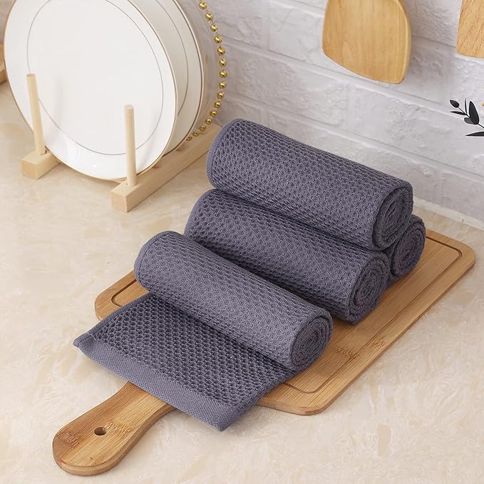 Homaxy 100% Cotton Waffle Weave Kitchen Towels, 13 x 28 Inches Super Absorbent and Machine Washable Dish Towels for Drying Dishes, 4-Packs, Dark Grey