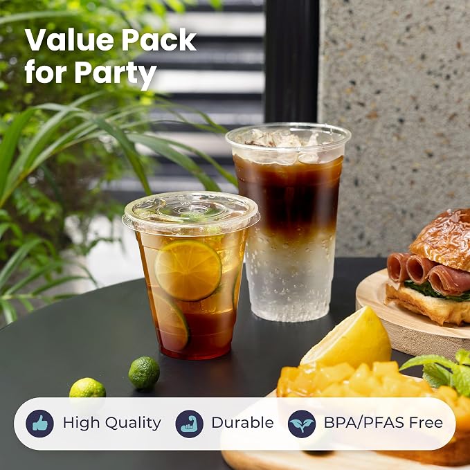 Fit Meal Prep 100 Pack 12 oz Clear Plastic Cups with Flat Lids, Disposable Iced Coffee Cups, BPA Free Premium Crystal Smoothie Cup for Party, Lemonade Stand, Cold Drinks, Juice, Milkshake