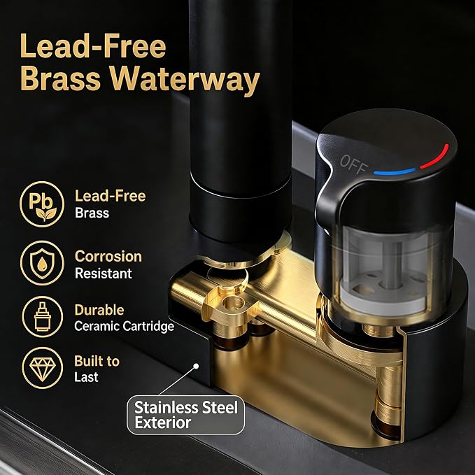 Kitchen Faucet with Pull Down Sprayer & Cup Washer, Glass Rinser Faucet for Kitchen Sink, Lead-Free Brass Waterway, 3 Spray Modes Single Handle, Single Hole for Sink Farmhouse RV Bar Black