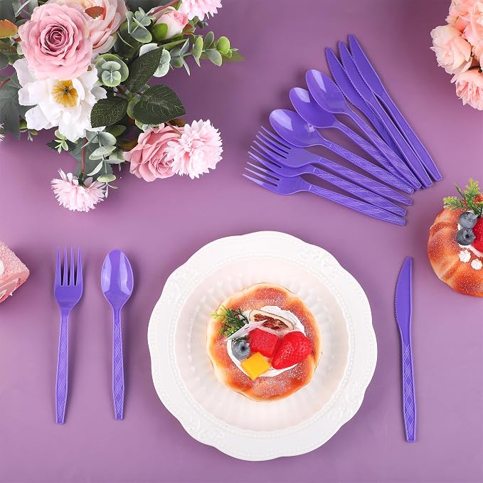 Kochorie 90 Pieces Purple Plastic Cutlery Set Disposable Plastic Utensils Heavy Duty Flatware Set Include 30 Knives 30 Forks 30 Spoons for Graduation, Wedding, Birthday Party Supplies