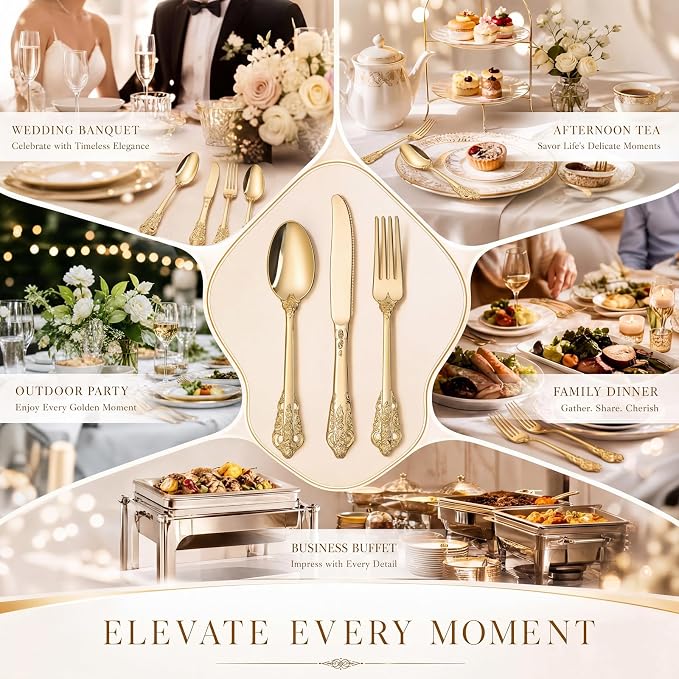 WDF 120PCS Gold Plastic Silverware - Heavy Duty Gold Plastic Cutlery Set Disposable Utensils - 40 Forks, 40 Spoons, 40 Knives, Perfect for Party Weeding Daily Use Baby Showe Spring