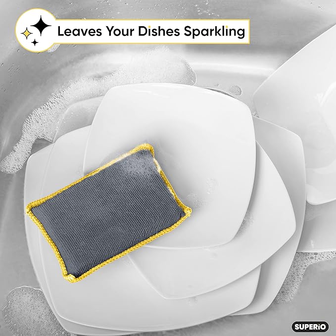 Superio Miracle Microfiber Sponges for Kitchen Kosher Non-Scratch Scrubber, Heavy Duty Multi-Purpose Cleaning - Dishes, Pots, Pans, and Countertops, Machine Washable, (Grey) (12-Pack)