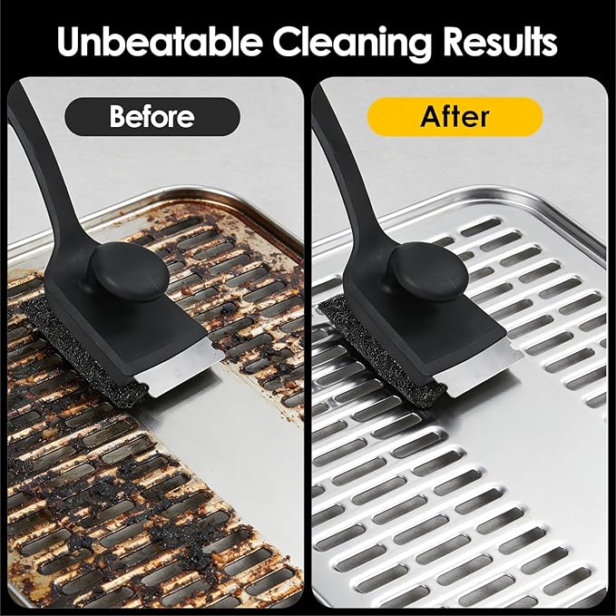 Grill Brush with 3 Detachable Brush Heads & Collapsible Water Cup – Bristle-Free BBQ Cleaner with Scraper, Safe for Cast Iron/Stainless Steel/Non-Stick Grates, 2 Extra Replacement Brushes Included