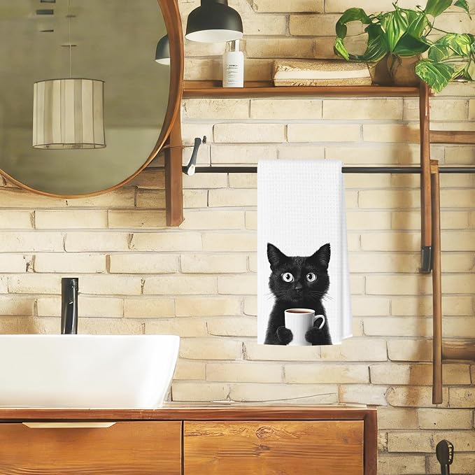 Funny Black Cat Kitchen Towels, Cats Kitchen Bar Accessories, Cat Lovers Chef Gifts for Women Decorative Hand Towels for Kitchen Decor, Dining Room Dish Tea Towel, 16x24 Inch