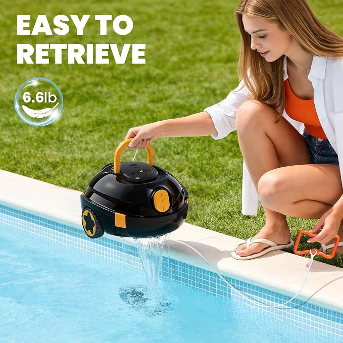 Y20 Robotic Pool Cleaner+Retrieval Hook, Cordless Pool Vacuum for Above Ground & Inground Flat Pools with Dual Motors, 130 Min Runtime, Auto-Parking