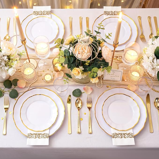 LIYH 350 Pcs White Plates for Wedding Reception Plastic Plates for Party 50 Guest 100 Disposable Plates 150 Gold Plastic Silverware 50 Gold Cups 50 Napkins Perfect for Wedding Birthday